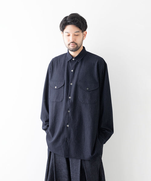 KANEMASA PHIL.】HIGH GAUGE MILLED WOOL STRIPE SHIRTS - NAVY SP