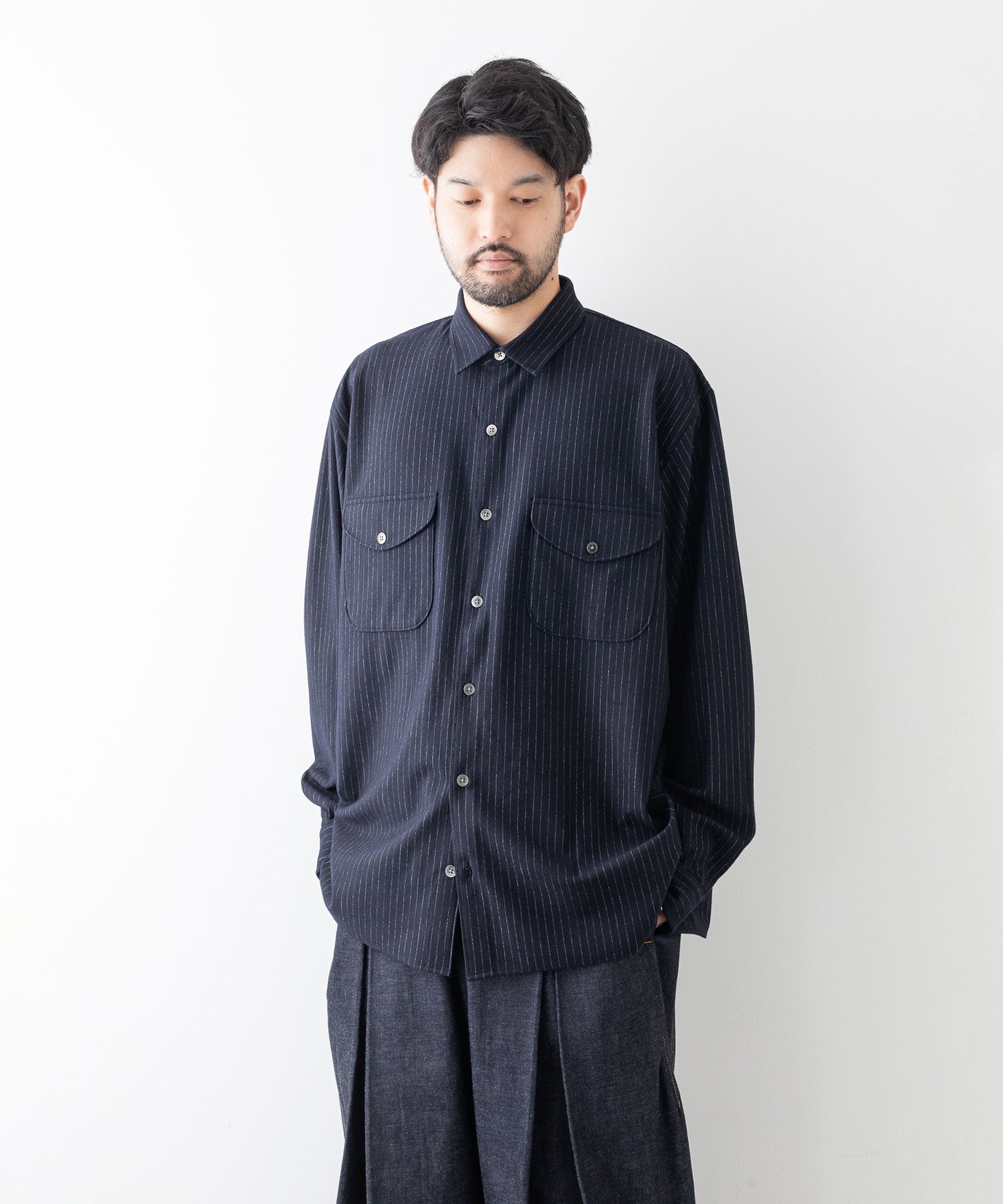 【KANEMASA PHIL.】カネマサフィル HIGH GAUGE MILLED WOOL STRIPE SHIRTS - NAVY SP sessionセッション福岡セレクトショップ 公式通販サイト