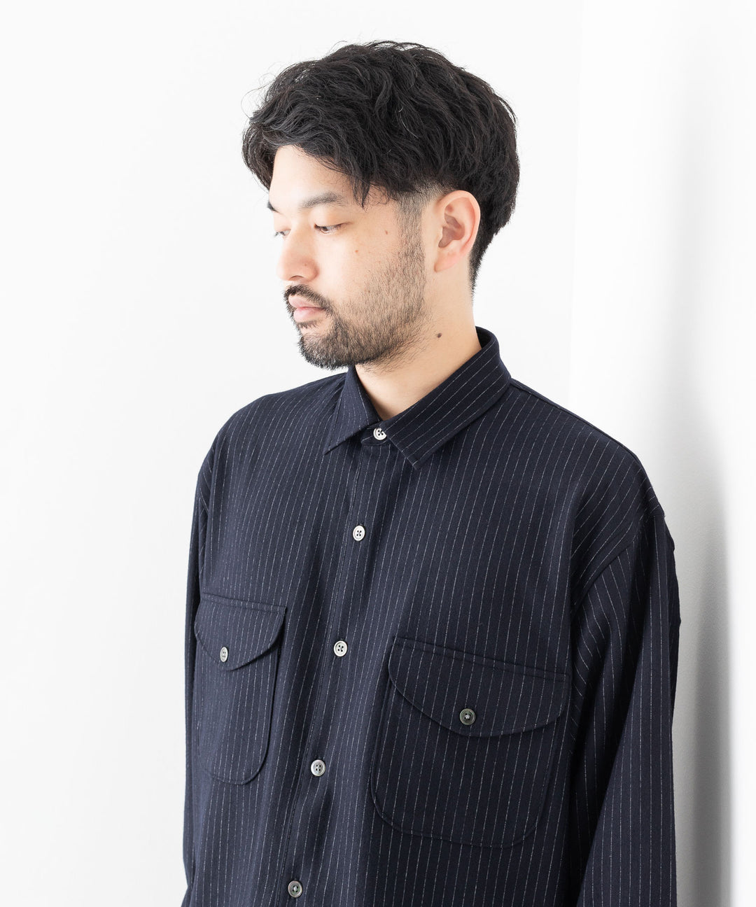 【KANEMASA PHIL.】カネマサフィル HIGH GAUGE MILLED WOOL STRIPE SHIRTS - NAVY SP sessionセッション福岡セレクトショップ 公式通販サイト