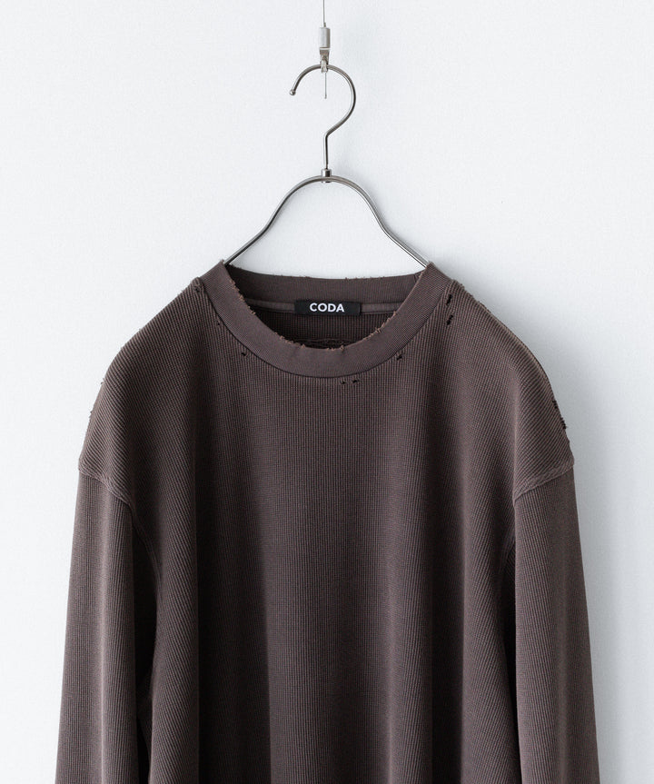 【CODA】FADED GREY AGING DAMAGED LONG SLEEVE WAFFLE TOPS - FADED GREY