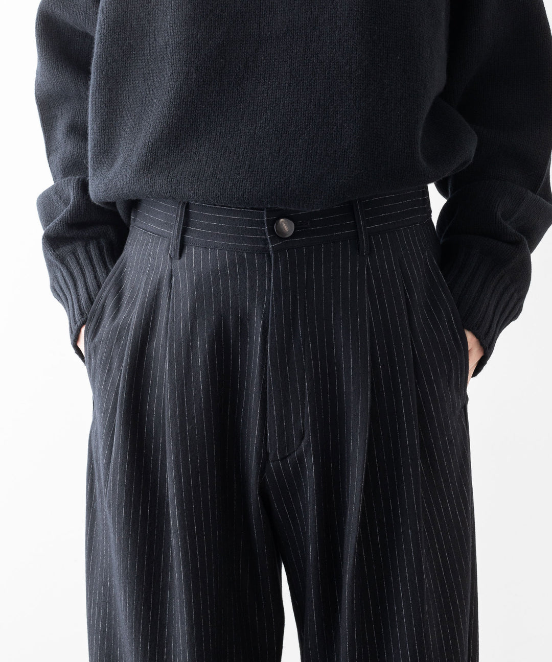 【KANEMASA PHIL.】HIGH GAUGE MILLED WOOL STRIPE EASY SLACKS - BLACK SP カネマサフィル sessionセッション福岡セレクトショップ 公式通販サイト