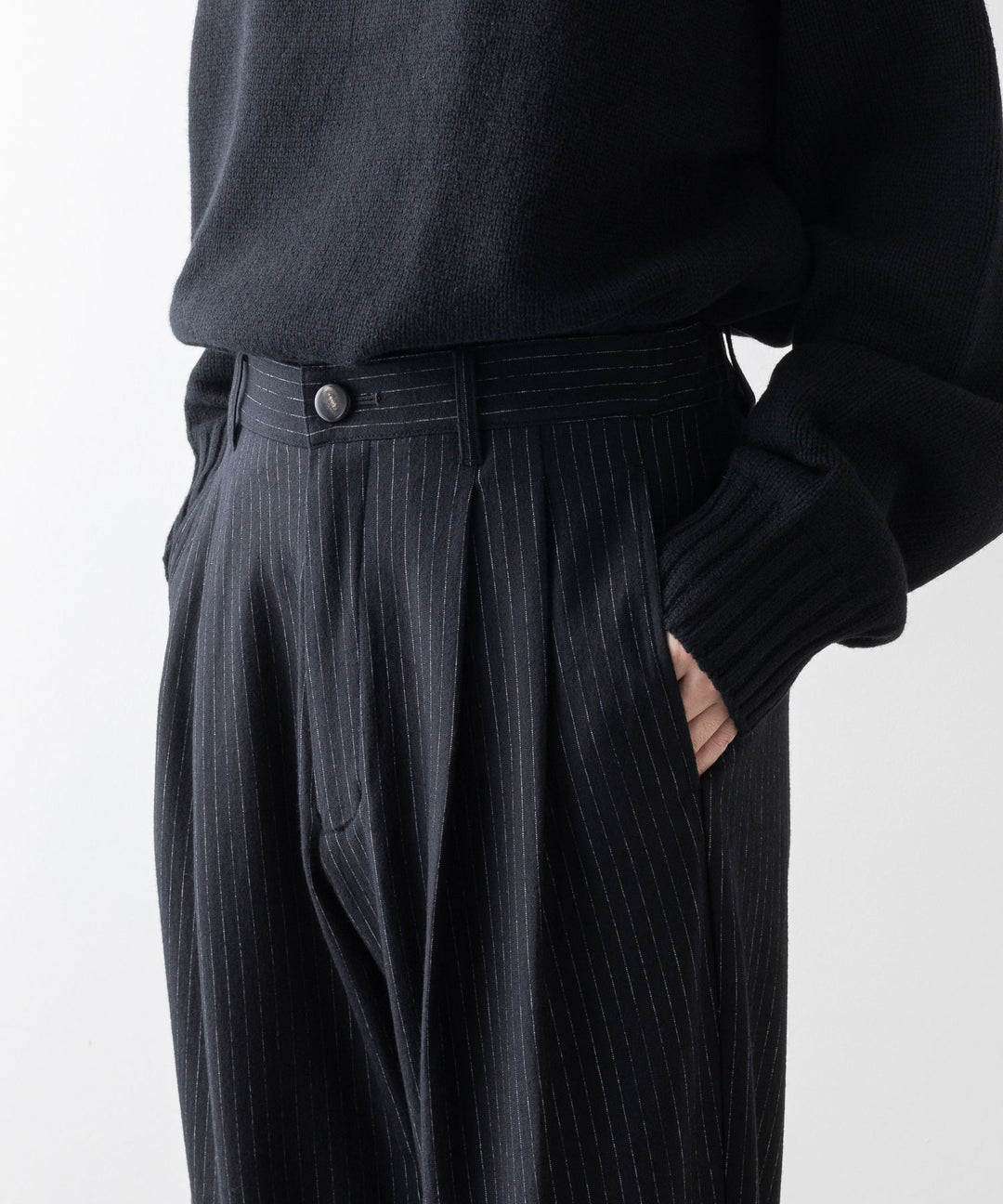 【KANEMASA PHIL.】HIGH GAUGE MILLED WOOL STRIPE EASY SLACKS - BLACK SP カネマサフィル sessionセッション福岡セレクトショップ 公式通販サイト