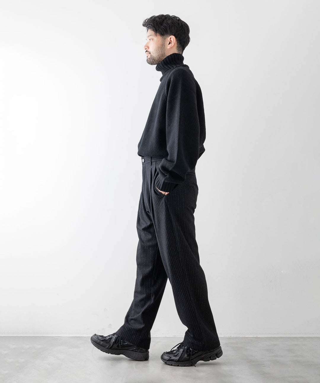 【KANEMASA PHIL.】HIGH GAUGE MILLED WOOL STRIPE EASY SLACKS - BLACK SP カネマサフィル sessionセッション福岡セレクトショップ 公式通販サイト