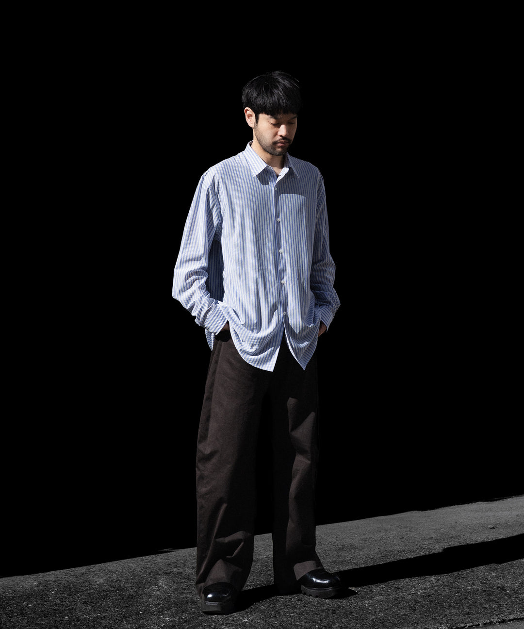 KANEMASA PHIL. カネマサフィルの46G STRIPE MODEST SHIRTのSAX BLACK公式通販session福岡セレクトショップ