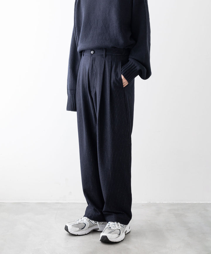 【KANEMASA PHIL.】HIGH GAUGE MILLED WOOL STRIPE EASY SLACKS - NAVY SP カネマサフィル sessionセッション福岡セレクトショップ 公式通販サイト