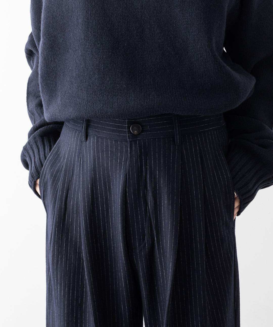 【KANEMASA PHIL.】HIGH GAUGE MILLED WOOL STRIPE EASY SLACKS - NAVY SP カネマサフィル sessionセッション福岡セレクトショップ 公式通販サイト