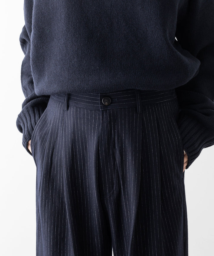 【KANEMASA PHIL.】HIGH GAUGE MILLED WOOL STRIPE EASY SLACKS - NAVY SP カネマサフィル sessionセッション福岡セレクトショップ 公式通販サイト
