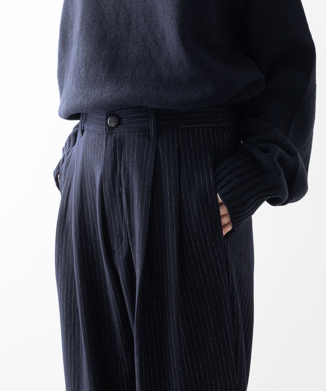 【KANEMASA PHIL.】HIGH GAUGE MILLED WOOL STRIPE EASY SLACKS - NAVY SP カネマサフィル sessionセッション福岡セレクトショップ 公式通販サイト
