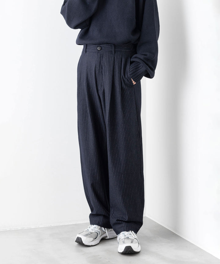 【KANEMASA PHIL.】HIGH GAUGE MILLED WOOL STRIPE EASY SLACKS - NAVY SP カネマサフィル sessionセッション福岡セレクトショップ 公式通販サイト