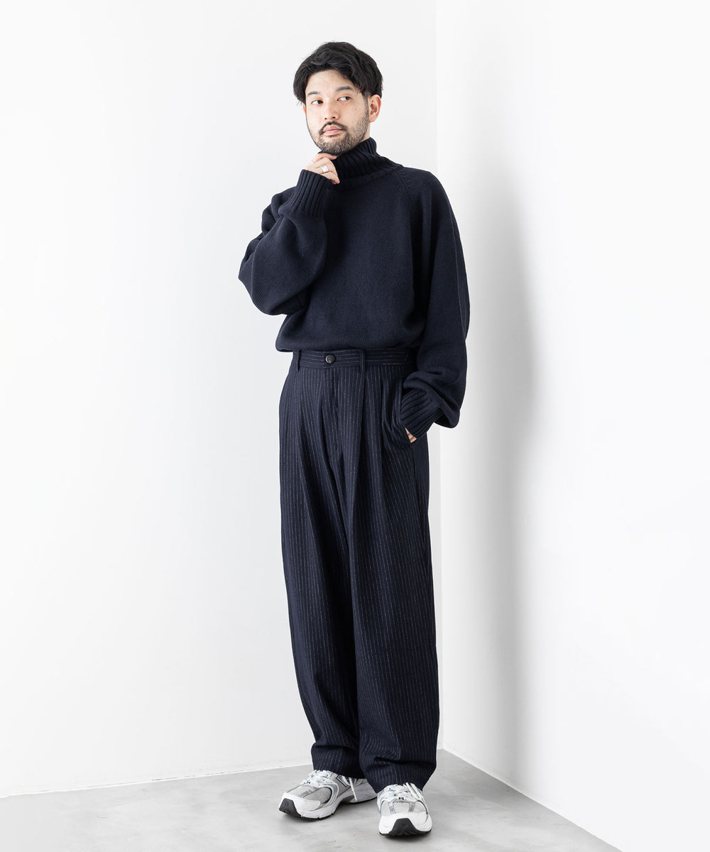 【KANEMASA PHIL.】HIGH GAUGE MILLED WOOL STRIPE EASY SLACKS - NAVY SP カネマサフィル sessionセッション福岡セレクトショップ 公式通販サイト