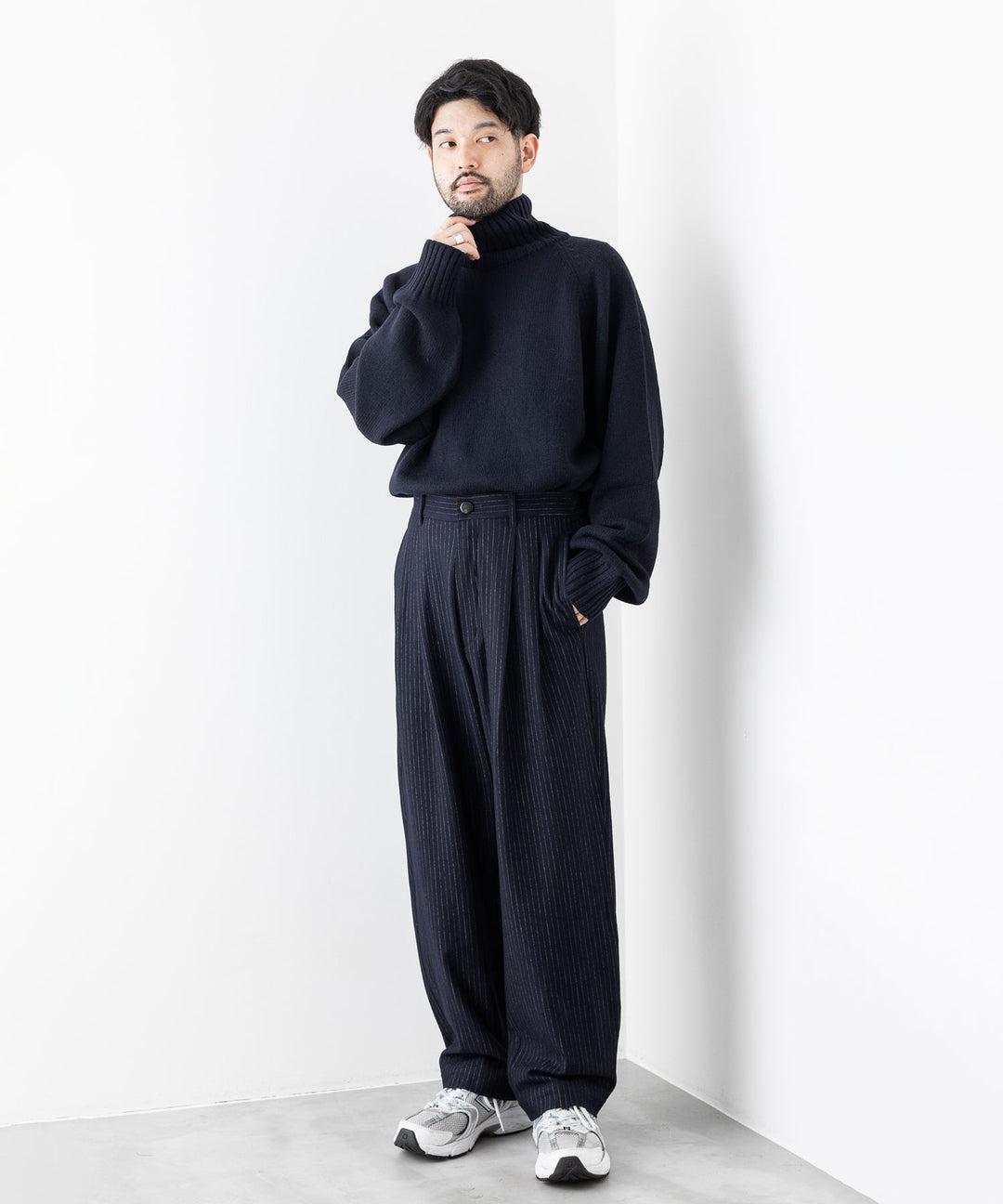 【KANEMASA PHIL.】HIGH GAUGE MILLED WOOL STRIPE EASY SLACKS - NAVY SP カネマサフィル sessionセッション福岡セレクトショップ 公式通販サイト