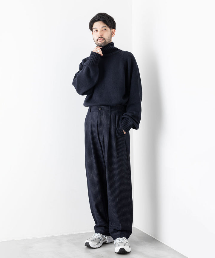 【KANEMASA PHIL.】HIGH GAUGE MILLED WOOL STRIPE EASY SLACKS - NAVY SP カネマサフィル sessionセッション福岡セレクトショップ 公式通販サイト