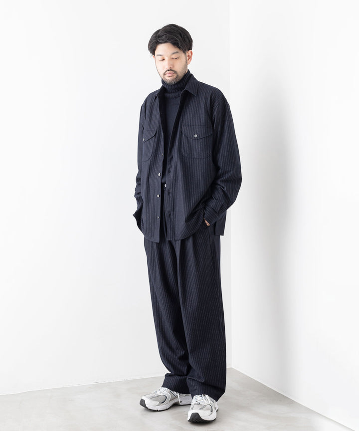 【KANEMASA PHIL.】HIGH GAUGE MILLED WOOL STRIPE EASY SLACKS - NAVY SP カネマサフィル sessionセッション福岡セレクトショップ 公式通販サイト