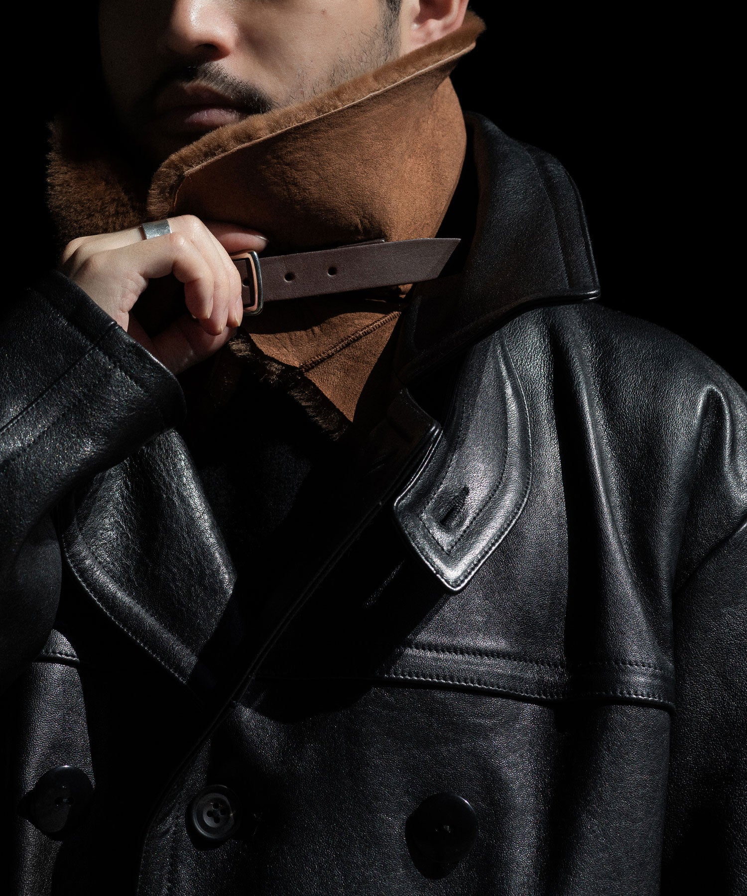 【ANTHEM A】LAMB LEATHER TROMPE L'OEIL SHORT COAT - BLACK