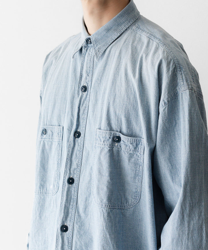 INTÉRIM - インテリムのSPOT BLEACH VINTAGE WASH BLUE SHUTTLE CHAMBRAY HYPER BIG US NAVY WORK SHIRT TYPE2のBLUEの公式通販サイトsession福岡セレクトショップ