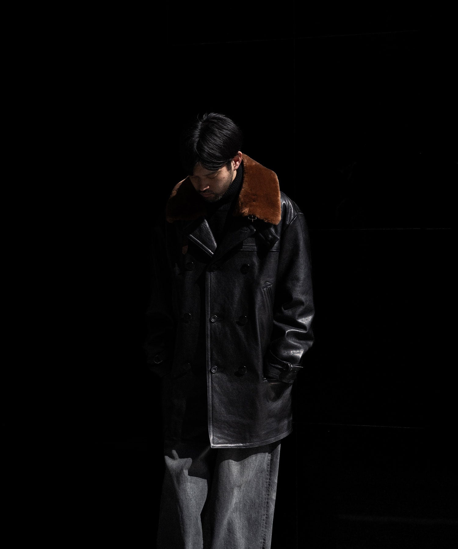 【ANTHEM A】LAMB LEATHER TROMPE L'OEIL SHORT COAT - BLACK