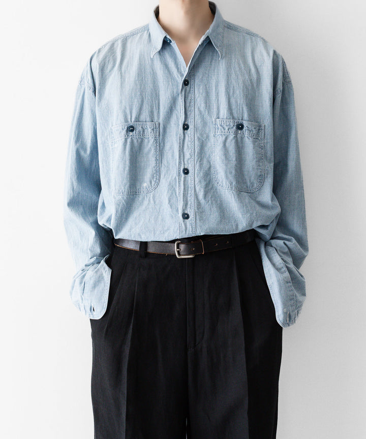 INTÉRIM - インテリムのSPOT BLEACH VINTAGE WASH BLUE SHUTTLE CHAMBRAY HYPER BIG US NAVY WORK SHIRT TYPE2のBLUEの公式通販サイトsession福岡セレクトショップ