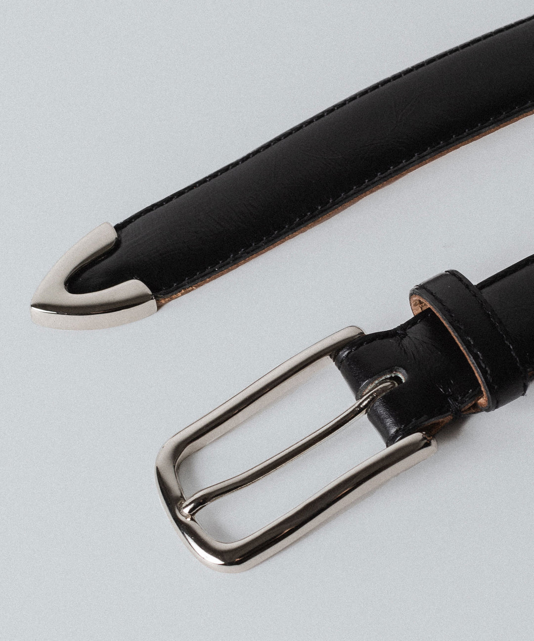 【INTÉRIM】DEADSTOCK SHINY CHROME ITALY CALF LEATHER DRESS BELT (25mm) - BLACK