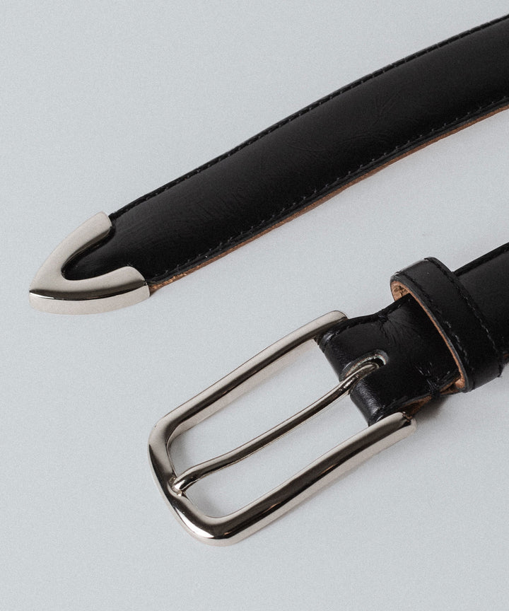 【INTÉRIM】DEADSTOCK SHINY CHROME ITALY CALF LEATHER DRESS BELT (25mm) - BLACK