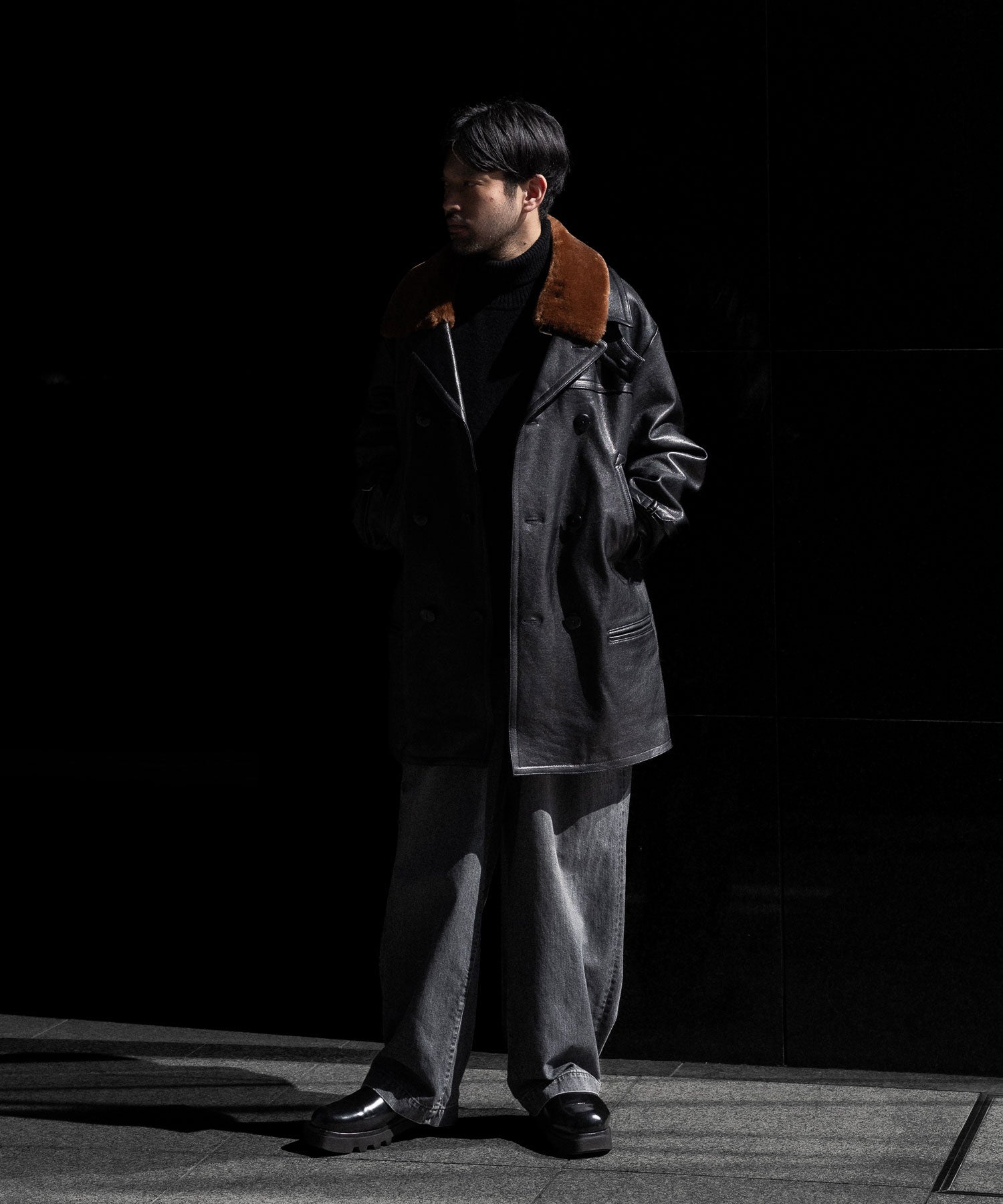 【ANTHEM A】LAMB LEATHER TROMPE L'OEIL SHORT COAT - BLACK