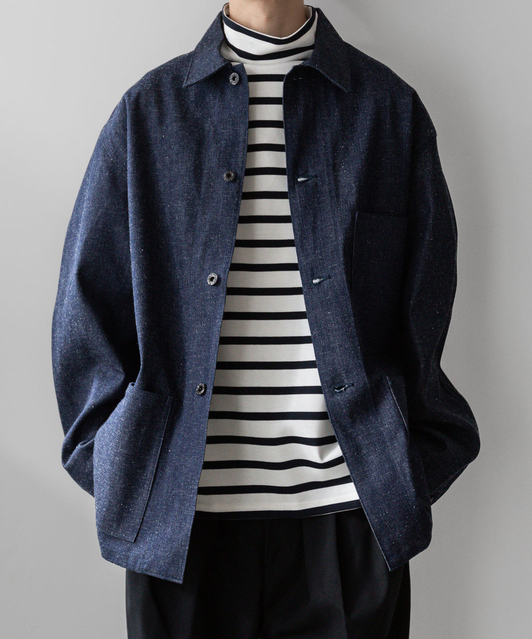 【INTÉRIM】インテリムのHYPER BIG SUVIN GIZA BASQUE HIGH NECK BORDER SHIRT - WHITE × NAVY sessionセッション福岡セレクトショップ 公式通販サイト