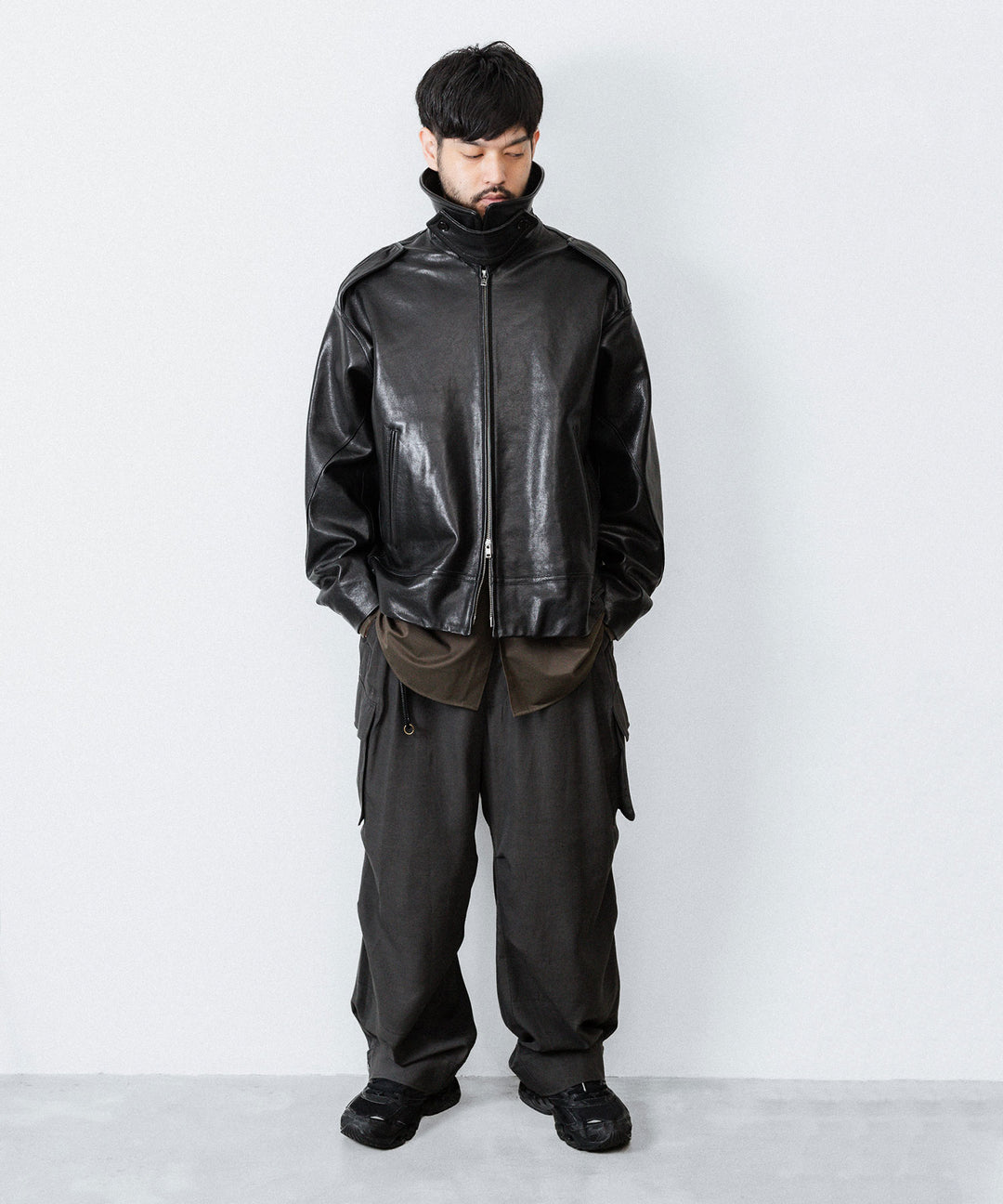 【ANTHEM A】LAMB LEATHER MILITARY BLOUSON - BLACK