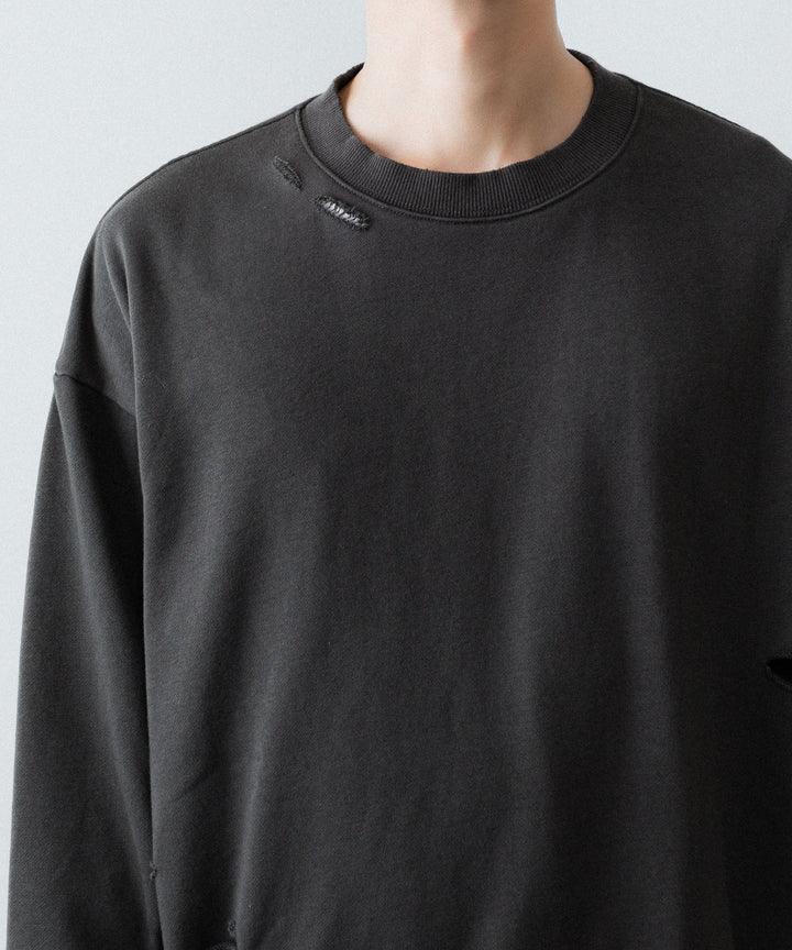 【CODA】DARK GREY WASHED DESTROYED SWEATSHIRT - GREY WASH