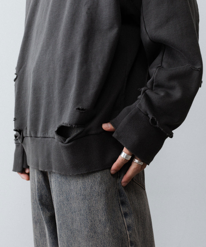 【CODA】DARK GREY WASHED DESTROYED SWEATSHIRT - GREY WASH