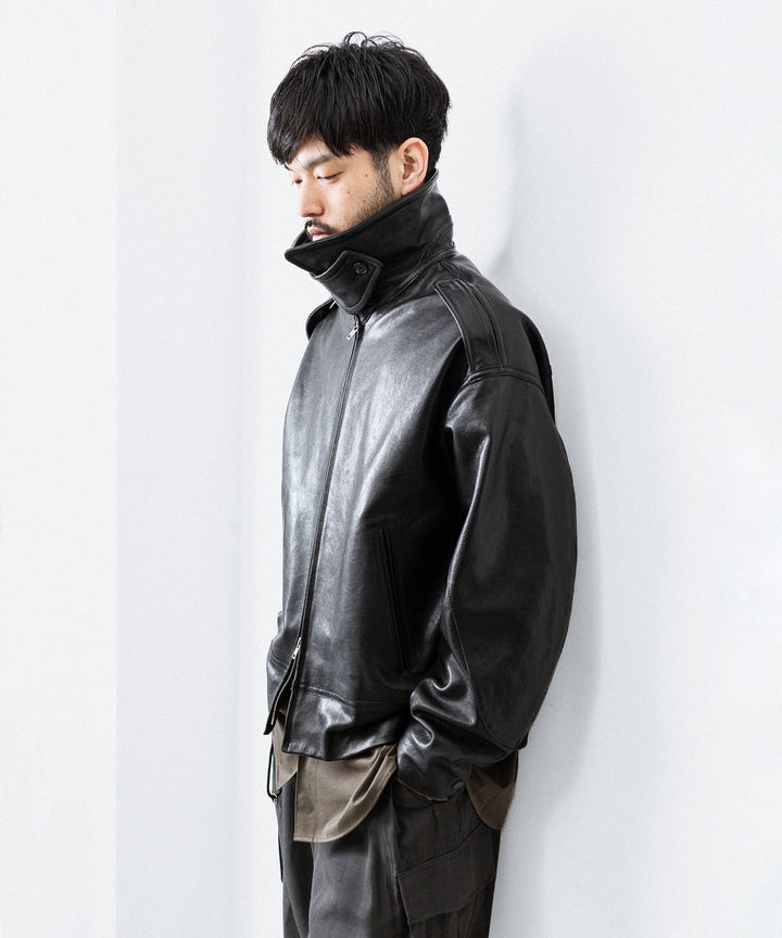 【ANTHEM A】LAMB LEATHER MILITARY BLOUSON - BLACK