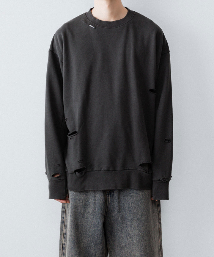 【CODA】DARK GREY WASHED DESTROYED SWEATSHIRT - GREY WASH
