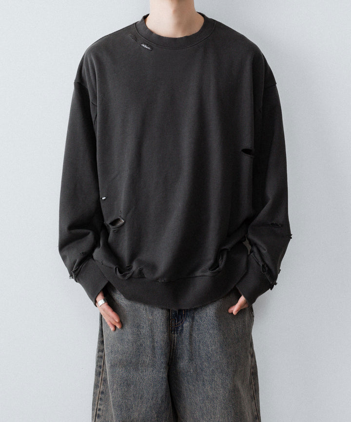 【CODA】DARK GREY WASHED DESTROYED SWEATSHIRT - GREY WASH