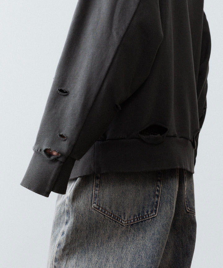 【CODA】DARK GREY WASHED DESTROYED SWEATSHIRT - GREY WASH