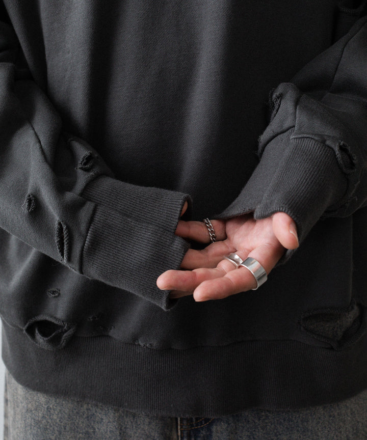 【CODA】DARK GREY WASHED DESTROYED SWEATSHIRT - GREY WASH