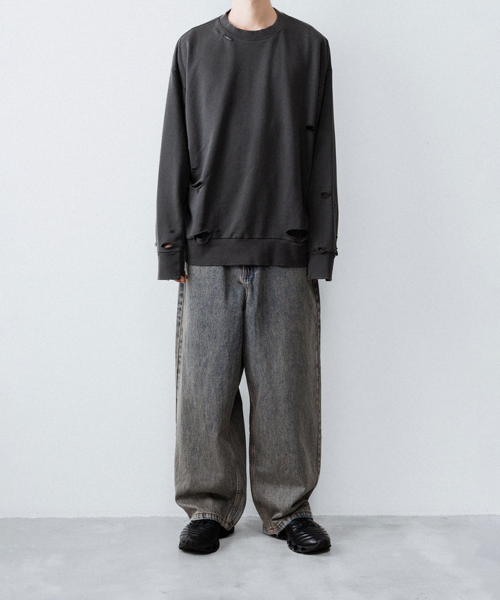 【CODA】DARK GREY WASHED DESTROYED SWEATSHIRT - GREY WASH