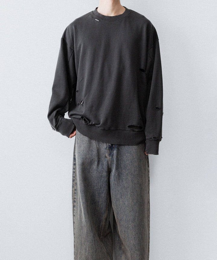 【CODA】DARK GREY WASHED DESTROYED SWEATSHIRT - GREY WASH