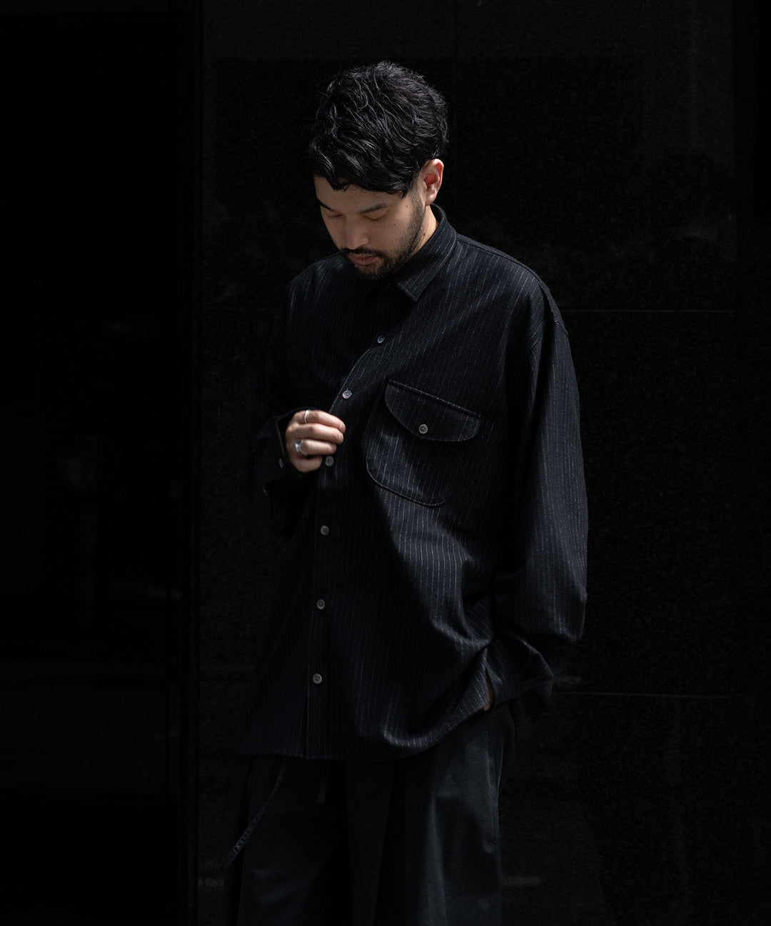 【KANEMASA PHIL.】HIGH GAUGE MILLED WOOL STRIPE SHIRTS - BLACK SP
