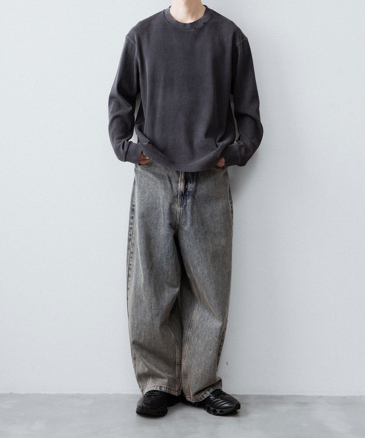 【CODA】FADED BLACK AGING DAMAGED LONG SLEEVE WAFFLE TOPS - FADED BLACK