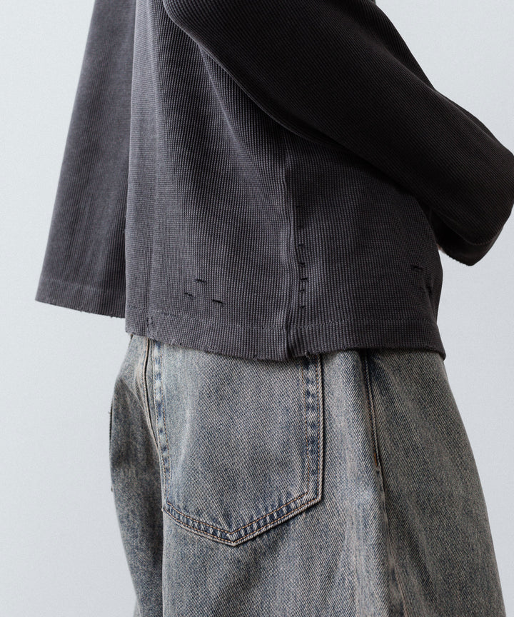 【CODA】FADED BLACK AGING DAMAGED LONG SLEEVE WAFFLE TOPS - FADED BLACK