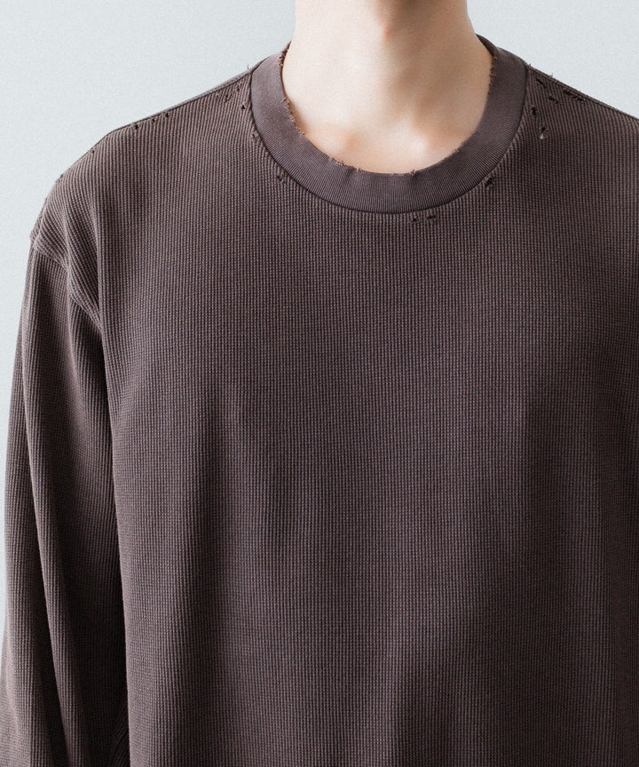 【CODA】FADED GREY AGING DAMAGED LONG SLEEVE WAFFLE TOPS - FADED GREY