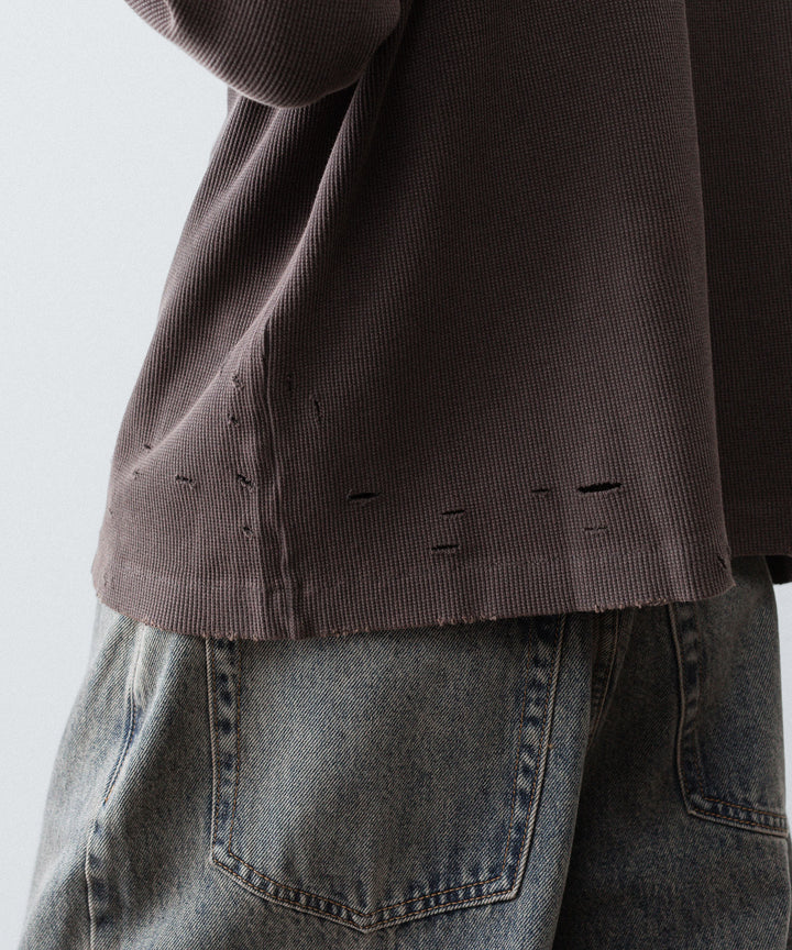 【CODA】FADED GREY AGING DAMAGED LONG SLEEVE WAFFLE TOPS - FADED GREY