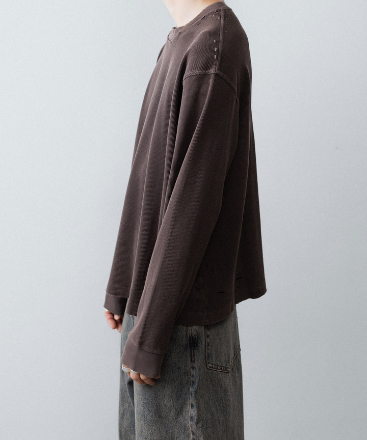 【CODA】FADED GREY AGING DAMAGED LONG SLEEVE WAFFLE TOPS - FADED GREY