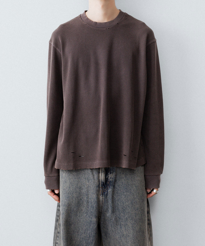 【CODA】FADED GREY AGING DAMAGED LONG SLEEVE WAFFLE TOPS - FADED GREY