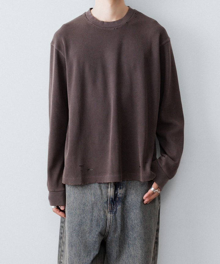 【CODA】FADED GREY AGING DAMAGED LONG SLEEVE WAFFLE TOPS - FADED GREY