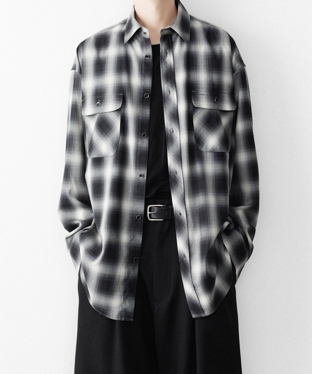 SUBLATIONS-サブレーションズのWASHABLE WOOL OMBRE CHECK SHIRTのGRAN BLACK公式通販サイトsession福岡セレクトショップ