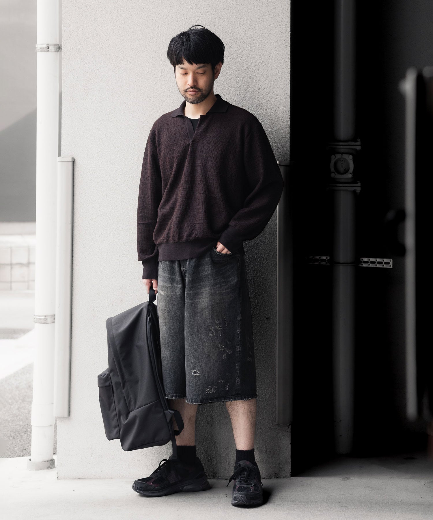 ssstein / シュタイン】SLUB COTTON KNIT SKIPPER LS - DARK BROWN