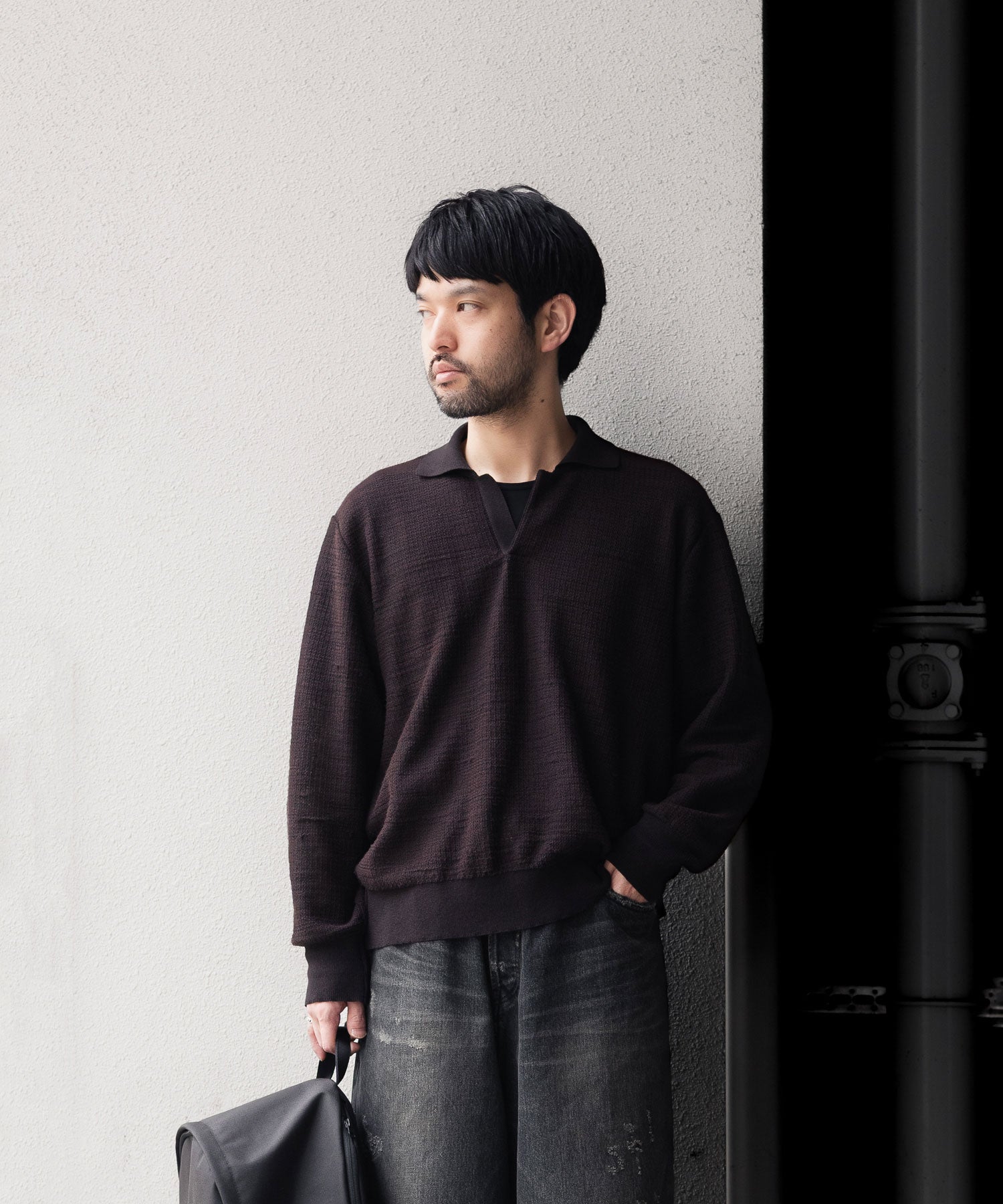 ssstein / シュタイン】SLUB COTTON KNIT SKIPPER LS - DARK BROWN