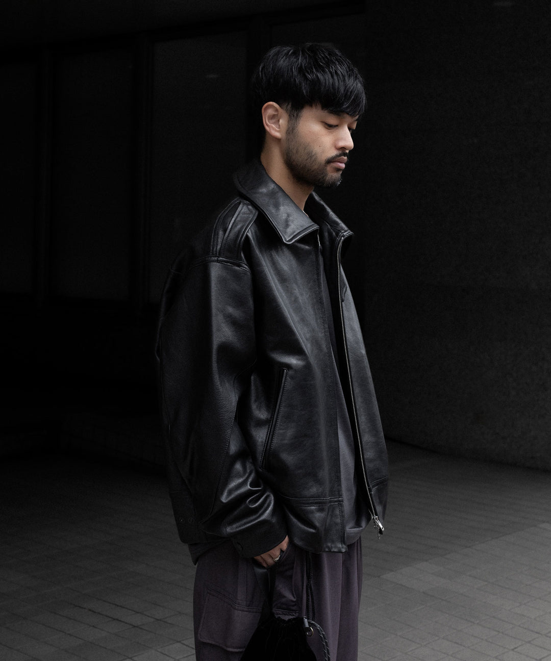 【ANTHEM A】LAMB LEATHER MILITARY BLOUSON - BLACK