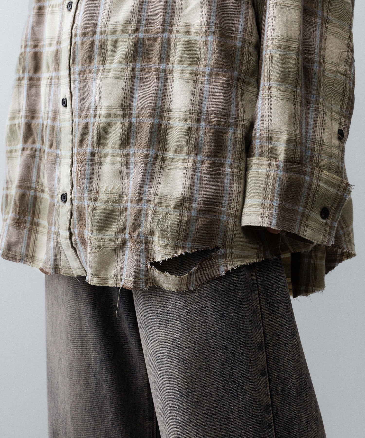 【CODA】YELLOW BROWN CHECKED WASHED THRASHED STRUCTURED SHIRT - YELLOW BROWN CHECK