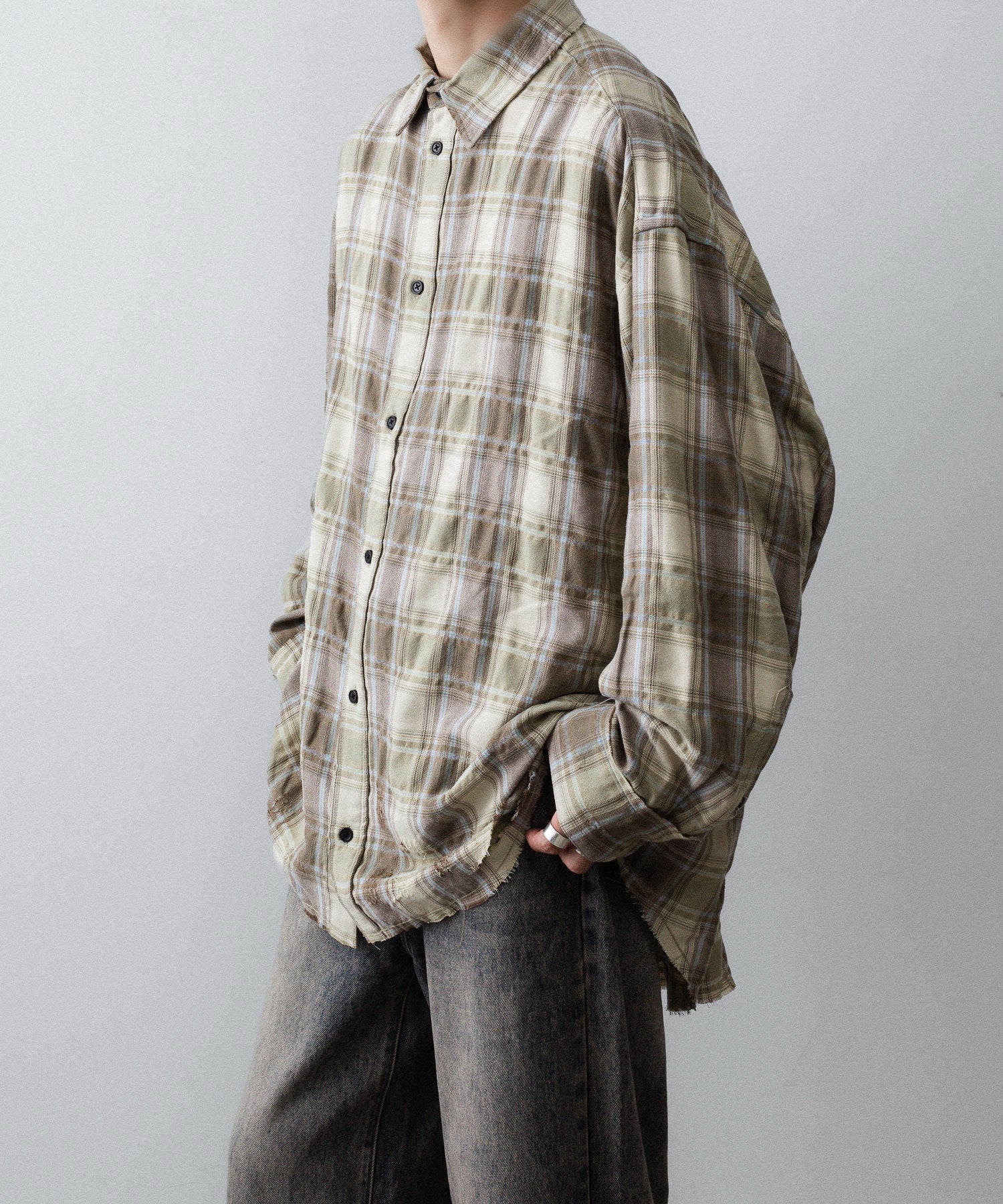 【CODA】YELLOW BROWN CHECKED WASHED THRASHED STRUCTURED SHIRT - YELLOW BROWN CHECK