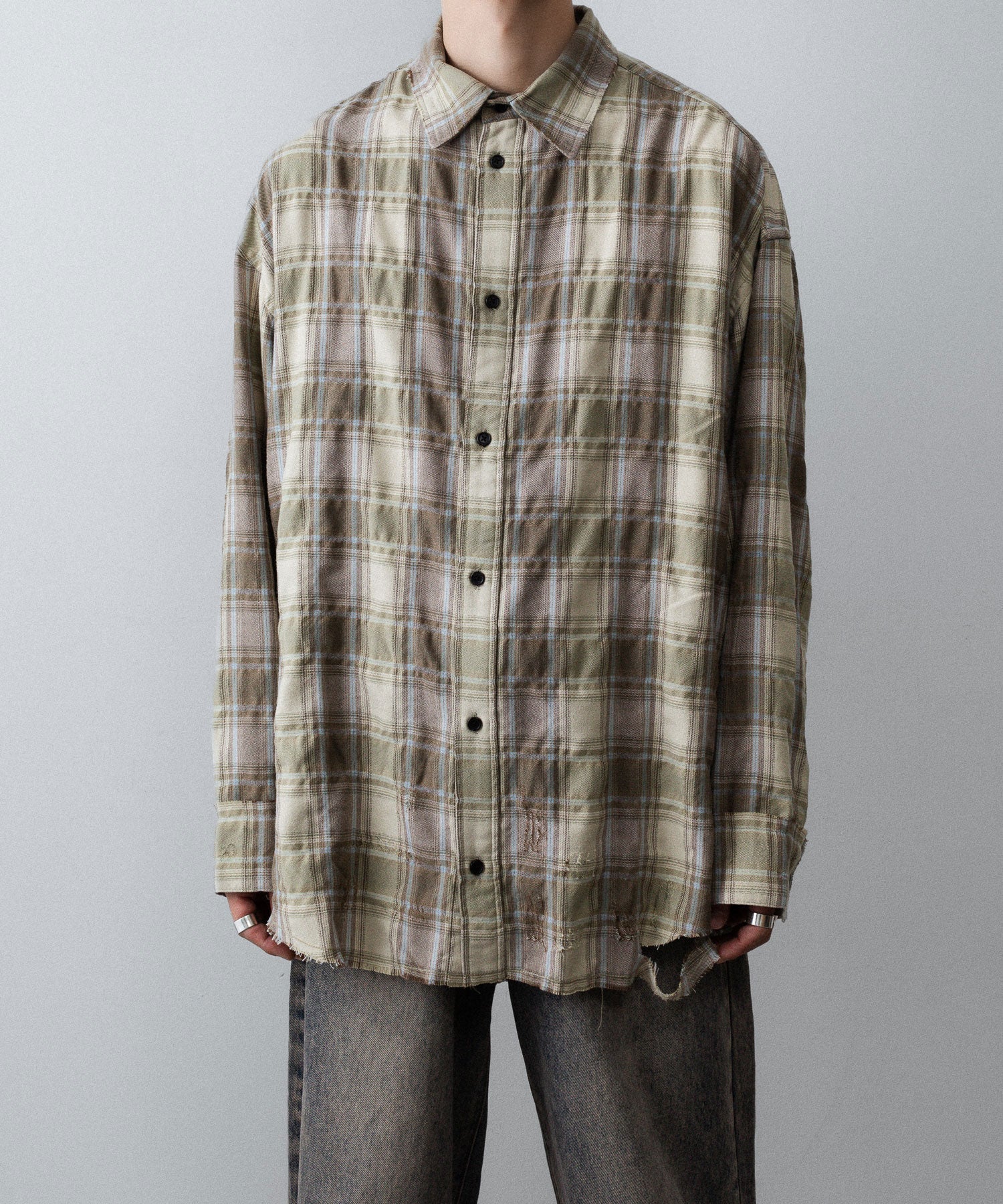 【CODA】YELLOW BROWN CHECKED WASHED THRASHED STRUCTURED SHIRT - YELLOW BROWN CHECK